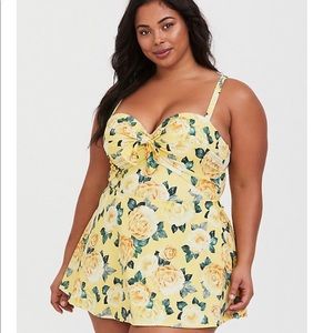 YELLOW FLORAL LIGHTLY LINED ONE-PIECE SWIM DRESS